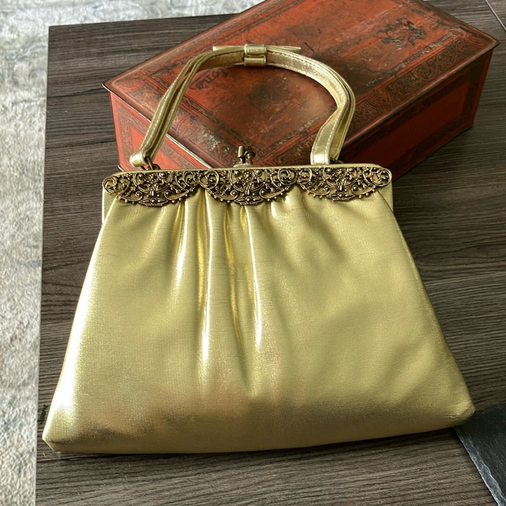After Five Elegant Gold Lame Cocktail Purse with Ornate Detailing